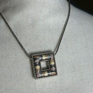 Brighton Cabana Necklace Neutral Square Enamel Pendant Silver Plated 16"